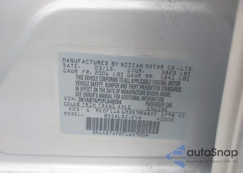 2015 Nissan Sentra Fe+ S/S/Sl/Sr/Sv из США, поврежденный, VIN 3N1AB7AP2FL649204